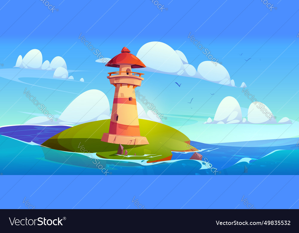 Old lighthouse on green island in sea Royalty Free Vector