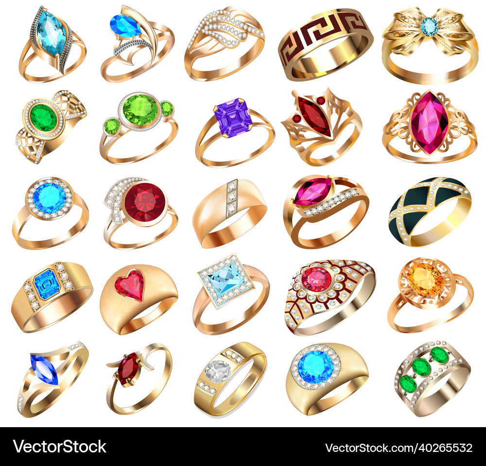 Ring set with precious stones on white background Vector Image