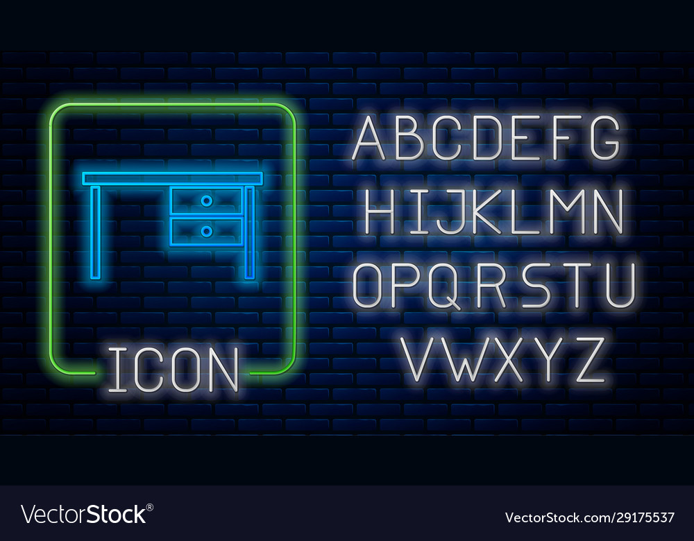 Glowing Neon Office Desk Icon Isolated On Brick Vector Image