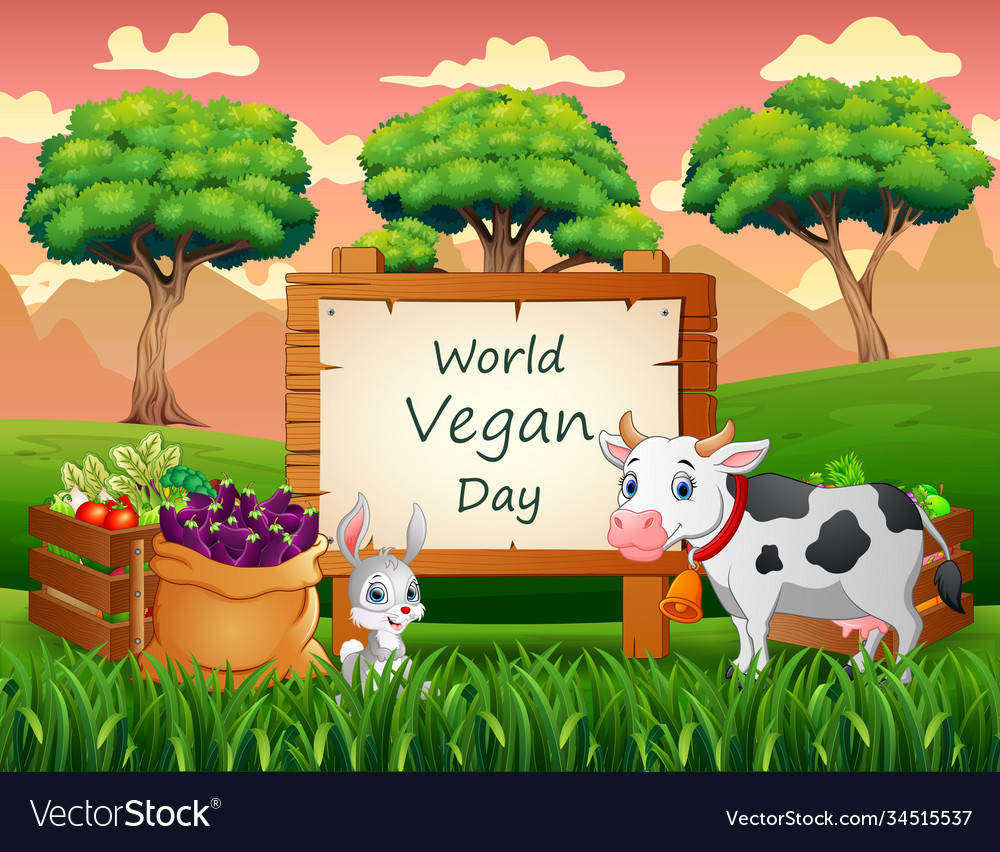 Happy world vegan day sign background with cow