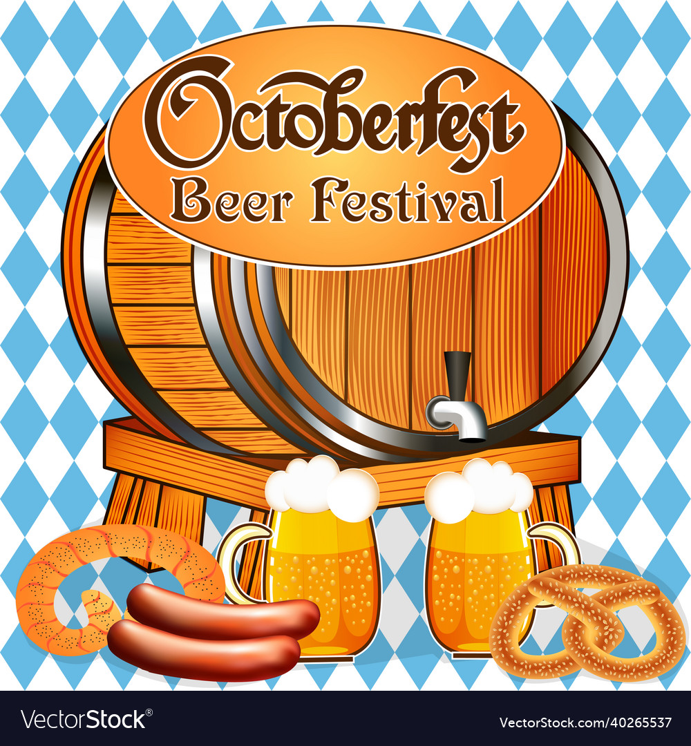 Oktoberfest Holiday Poster With Barrel And Mugs Vector Image