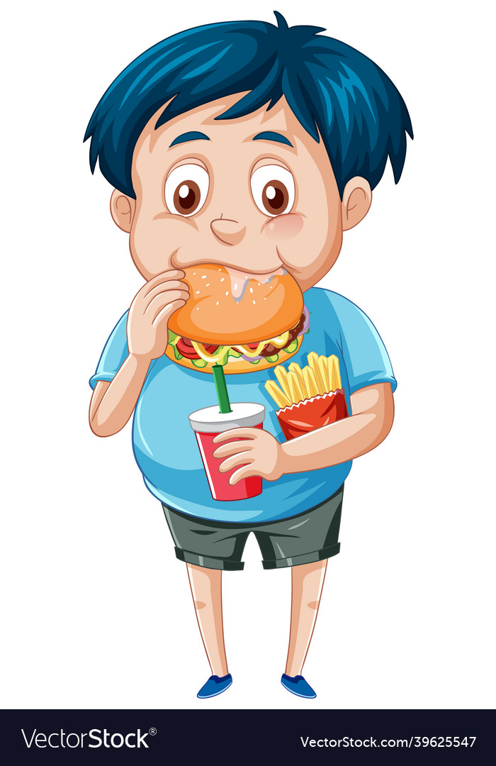 A boy eating fastfood on white background