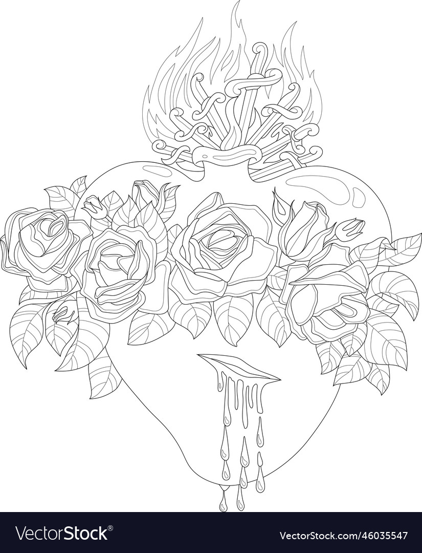 Heart with reses and flames graphic sketch Vector Image