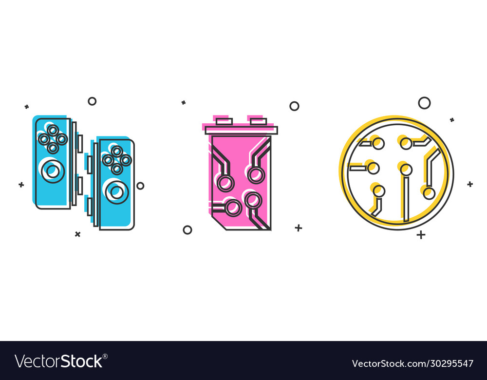 Set gamepad video graphic card and processor icon vector image Set gamepad video graphic card and processor icon