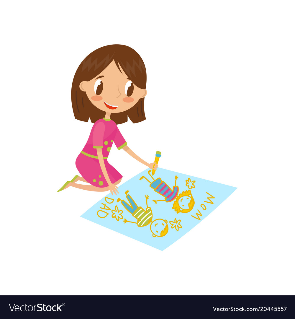 Cute Little Girl Sitting On The Floor And Drawing Vector Image