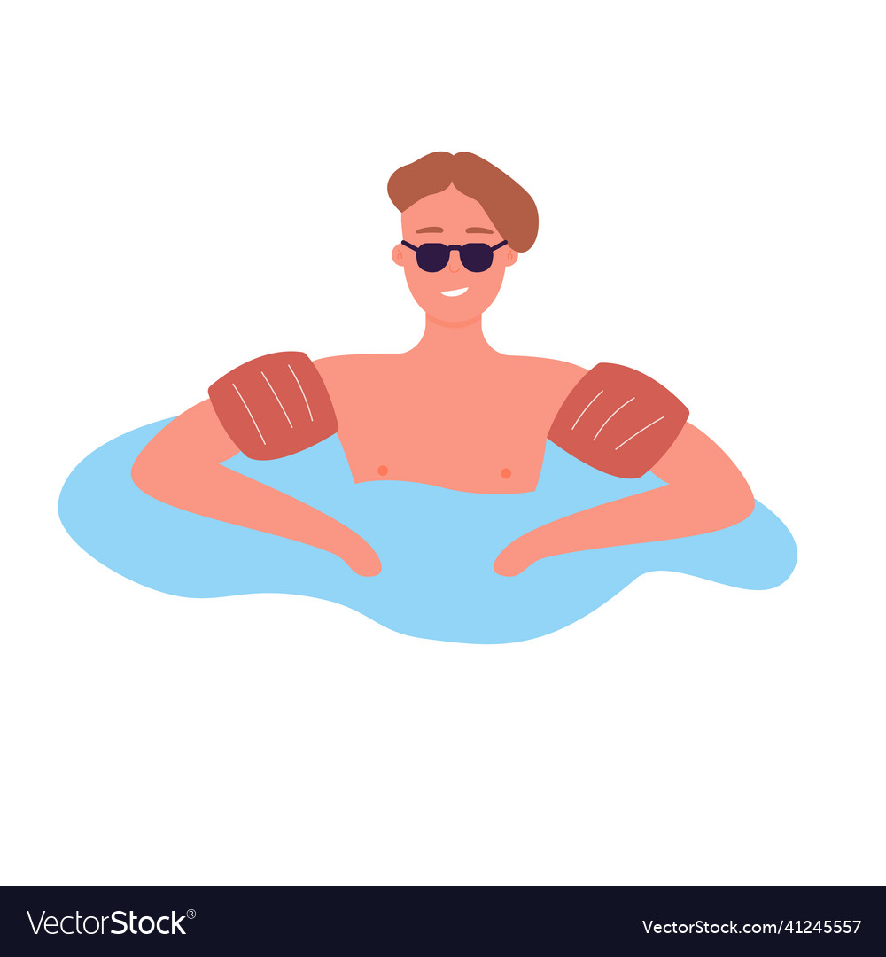 Floating cool boy with water wings and glasses