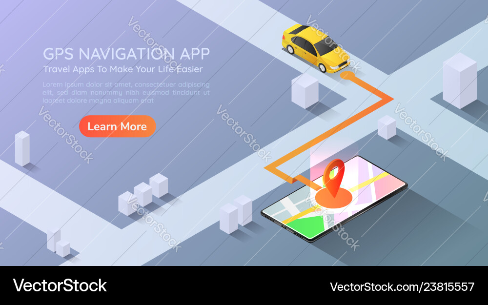 Isometric Web Banner Car Going To Pin Point At Vector Image