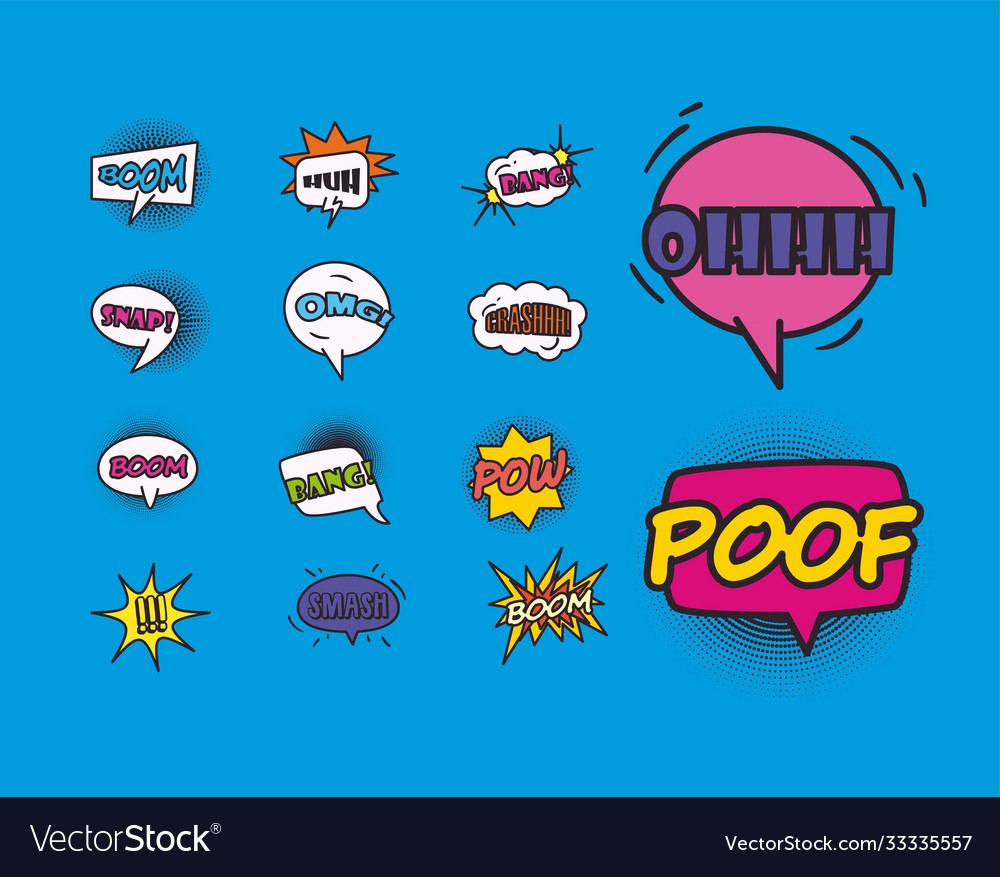 Pop art bubbles line and fill style set icons
