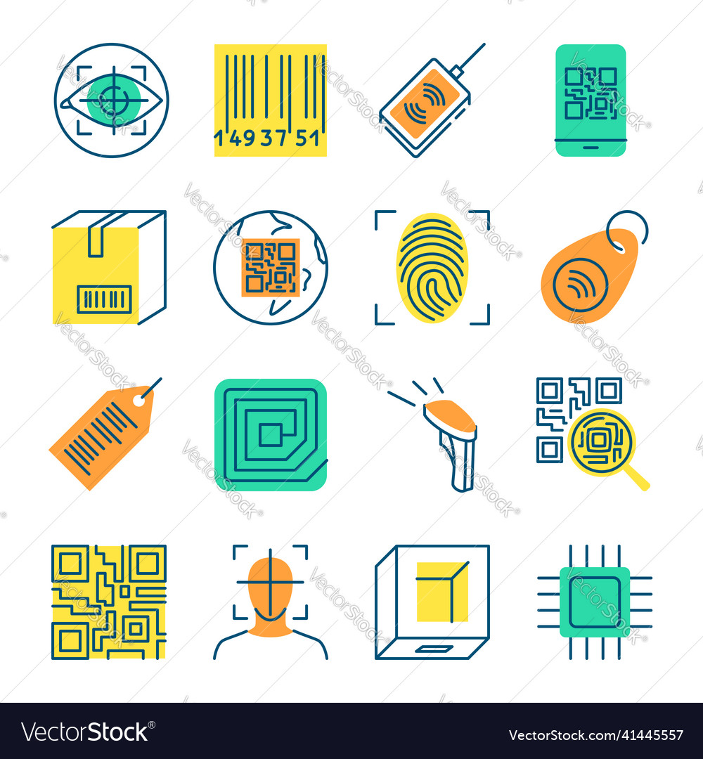Qr code and barcode icon set in colored line style vector image Qr code and barcode icon set in colored line style
