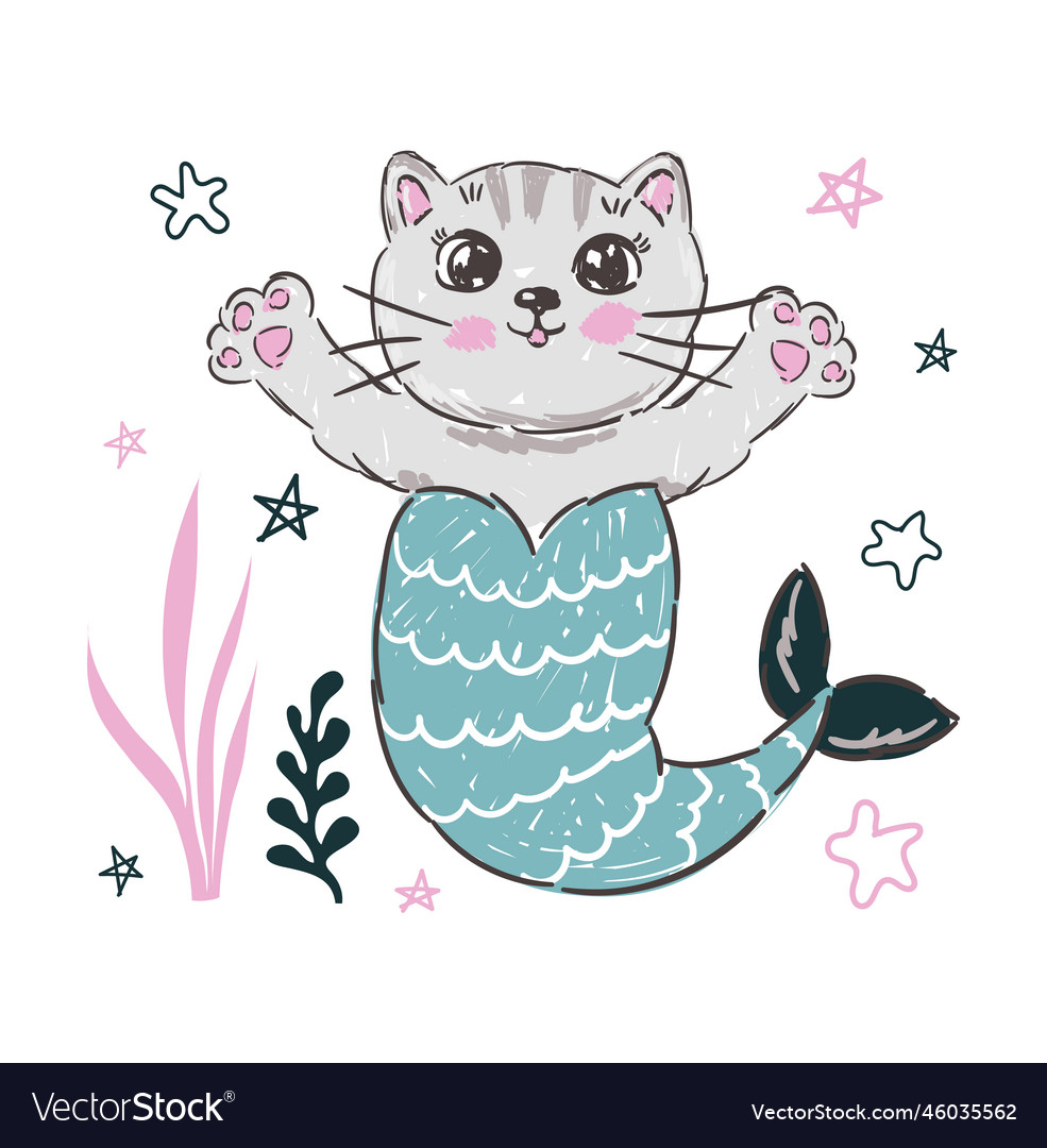 A cute funny cat with mermaid tail and stars