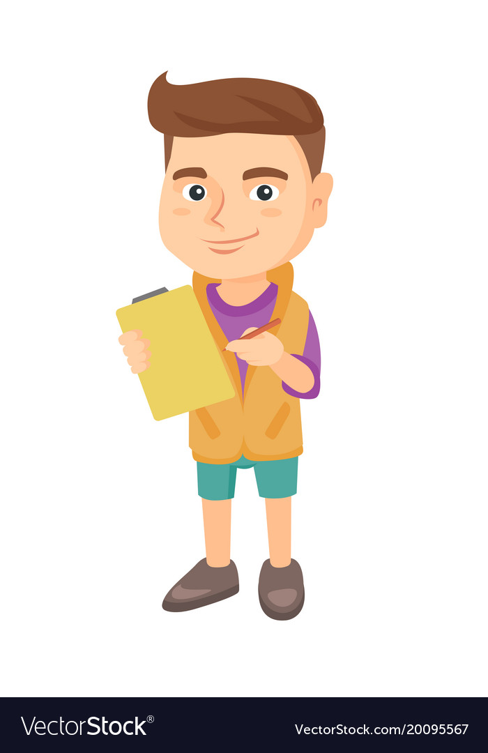 Boy writing on the paper attached to a clipboard
