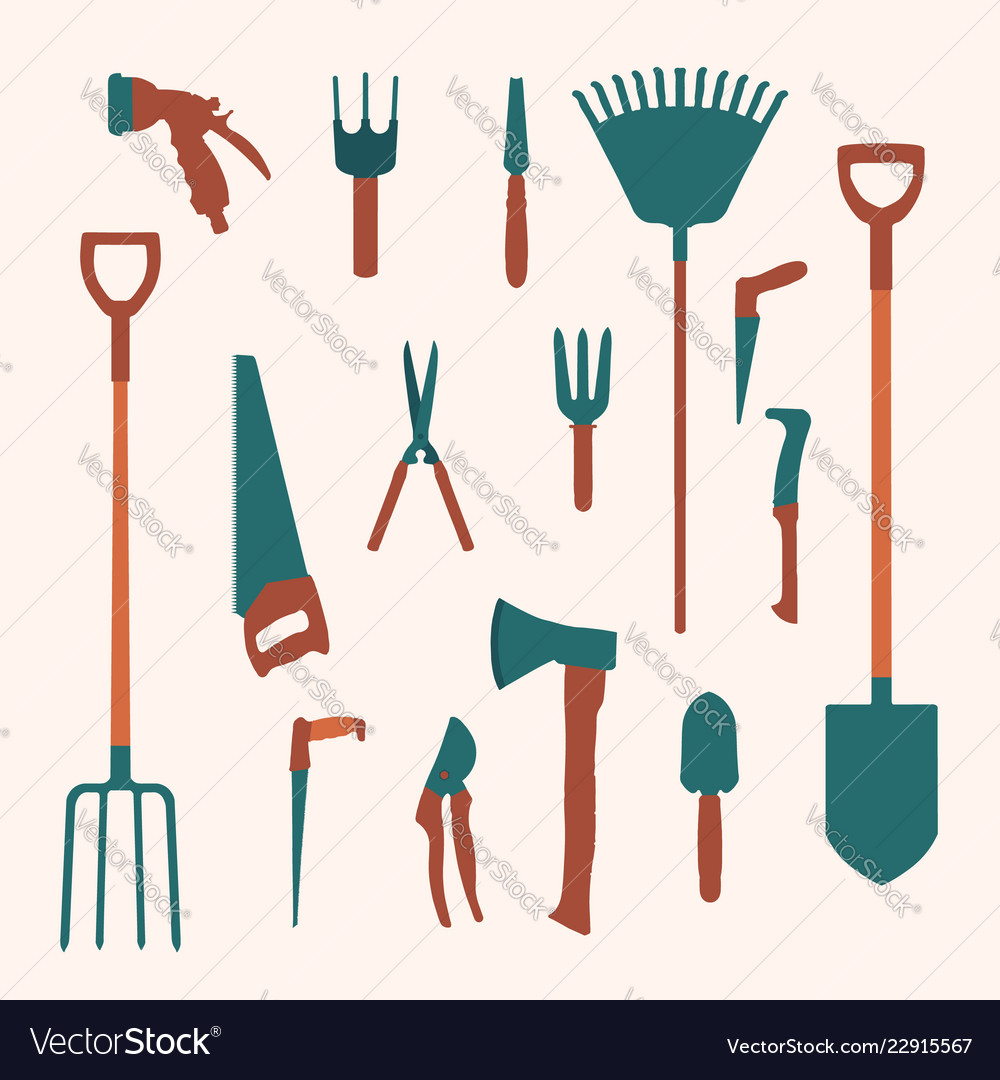 Collection of flat garden tools and utensils