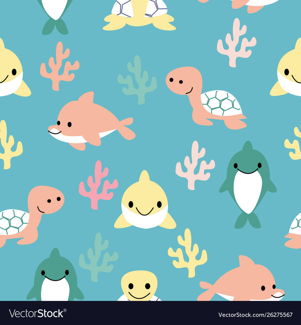 Dolphines and turtles in a seamless pattern design vector image Dolphines and turtles in a seamless pattern design