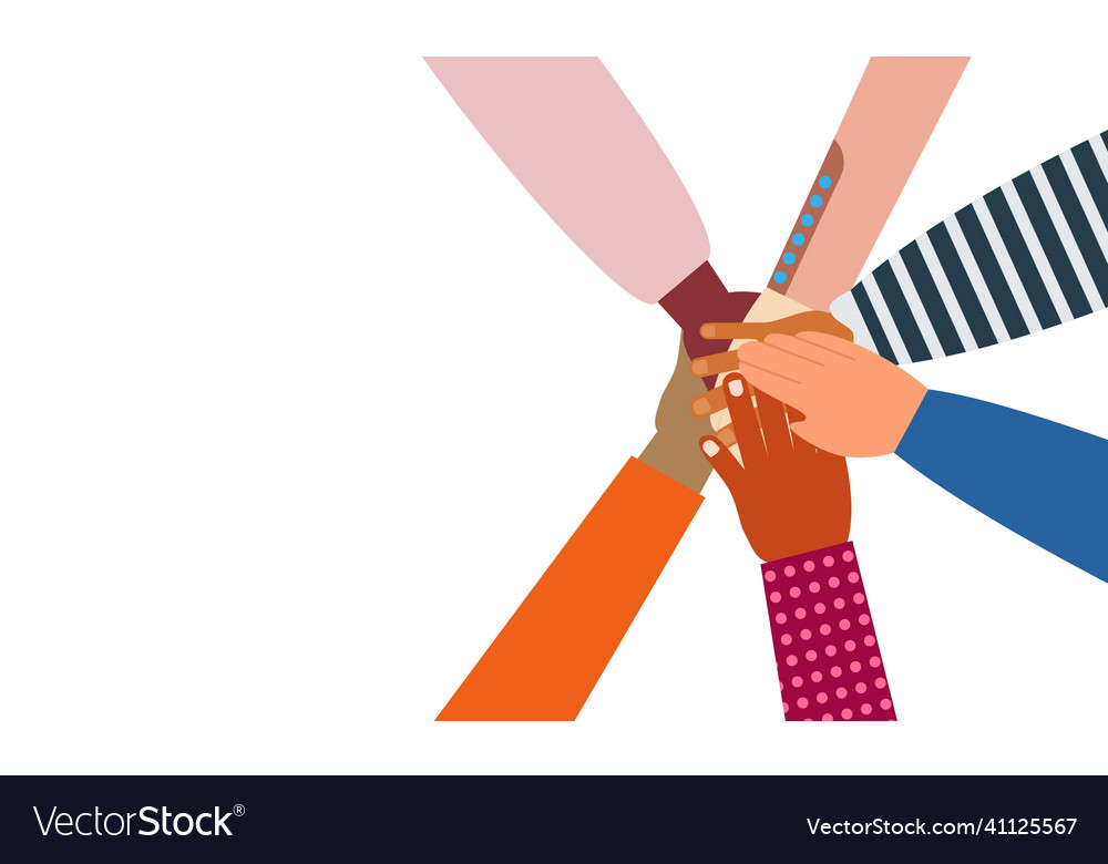 Group hands on top of diversity people Royalty Free Vector