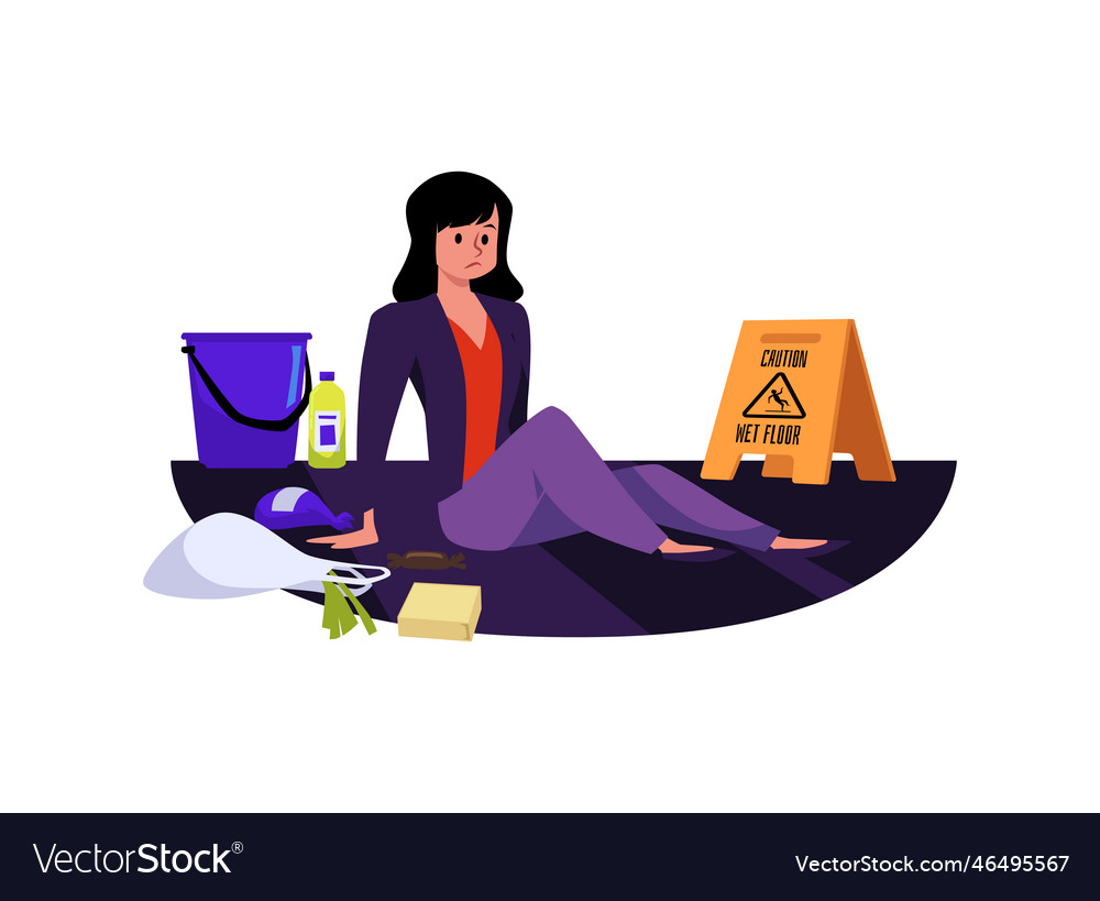 Sad woman sitting on wet floor after falling flat