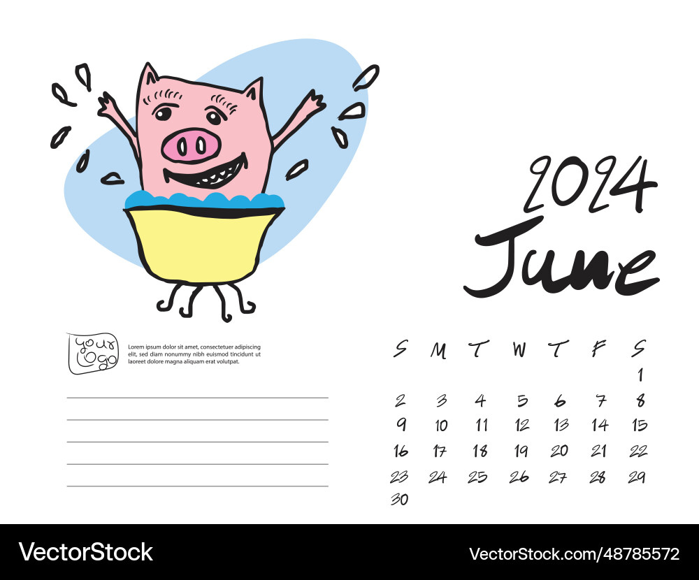 Calendar 2024 design template with cute pig Vector Image