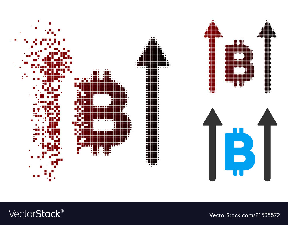 Dissolved pixel halftone bitcoin send arrows icon