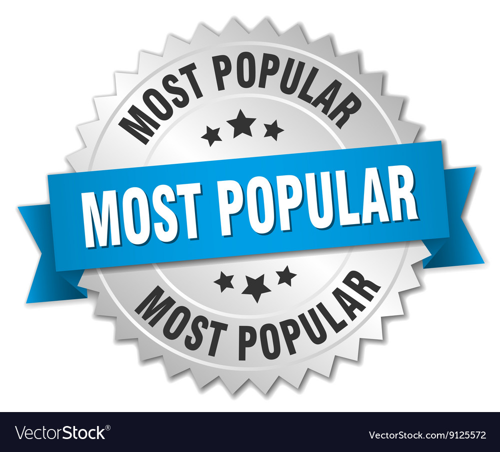 Most popular 3d silver badge with blue ribbon Vector Image