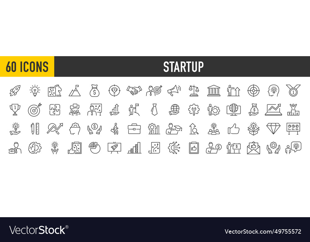 Set of 60 startup web icons in line style vector image Set of 60 startup web icons in line style