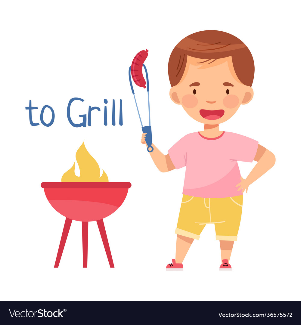 Lächelnde Junge Bratwurst auf Grill Grill Grill vector image Lächelnde Junge Bratwurst auf Grill Grill Grill