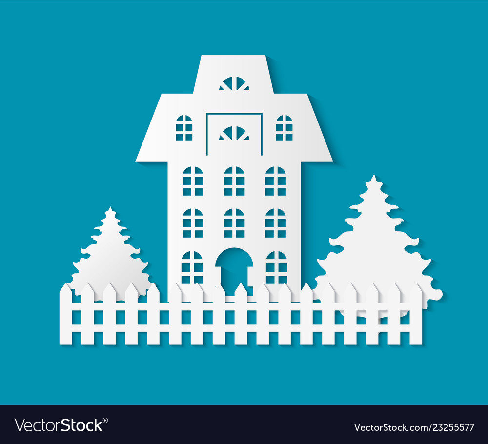 Building with fence and pine tree growing by home Vector Image