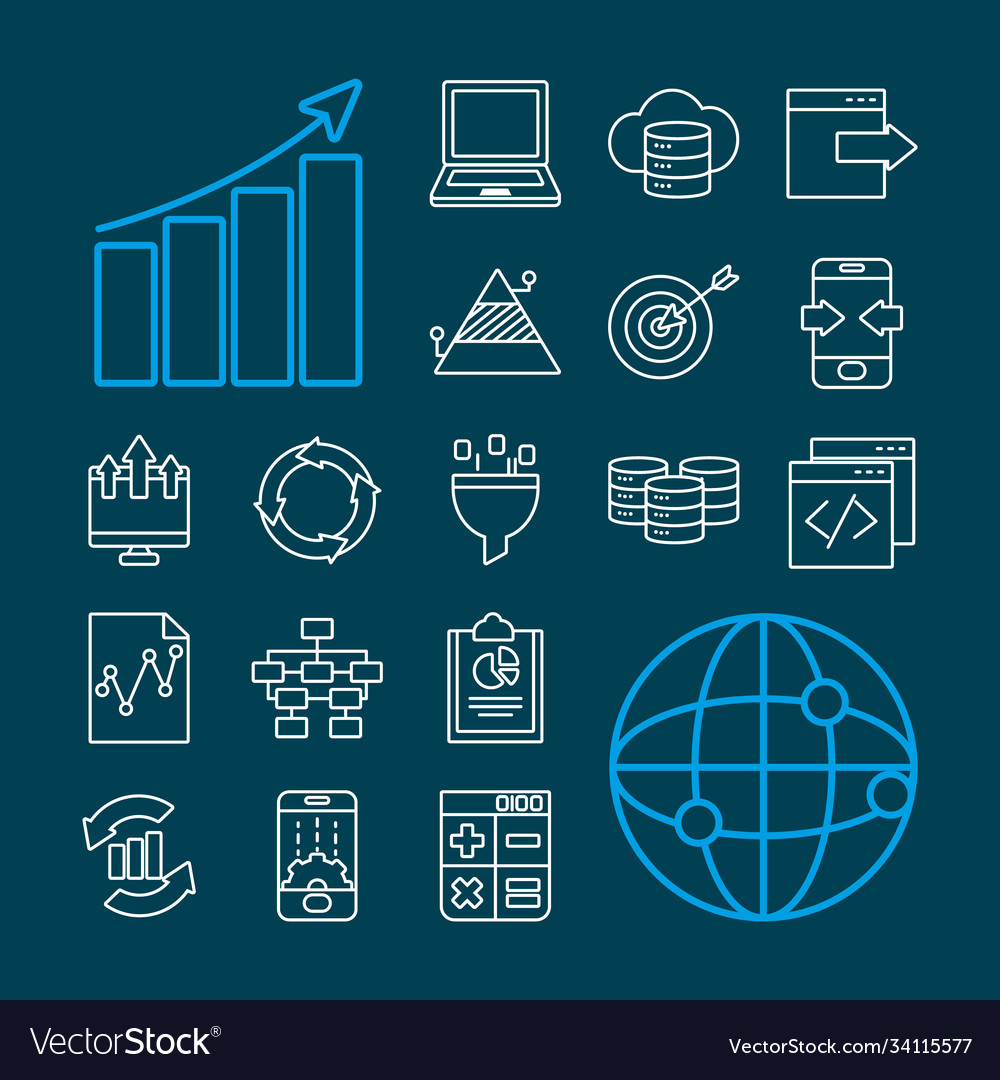 Global network and data analysis icon set line