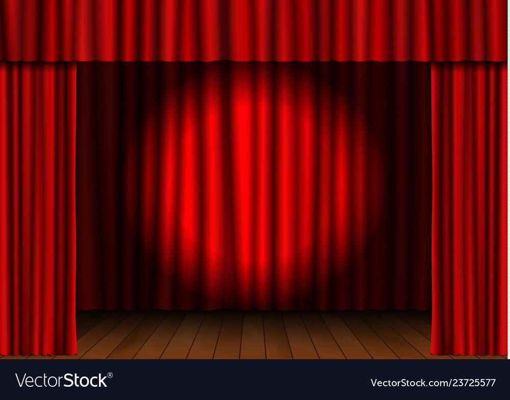 Red open curtain with spotlight and wood floor