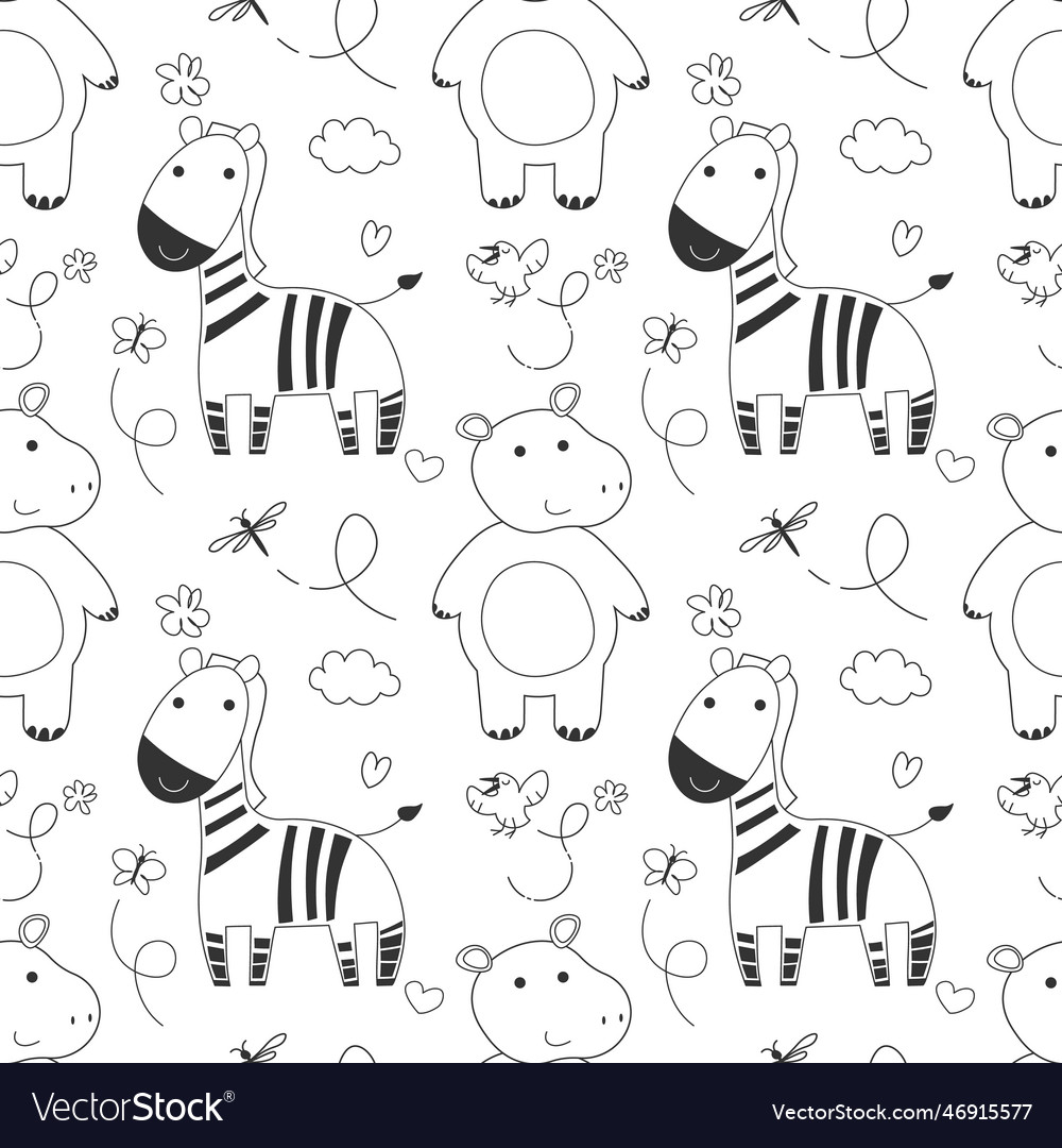 Seamless pattern of jungle animals zebra hippo