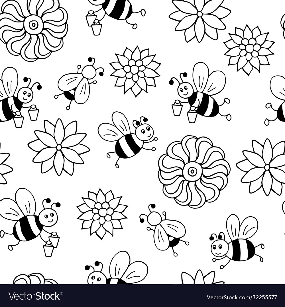 Seamless pattern with bees coloring page Vector Image