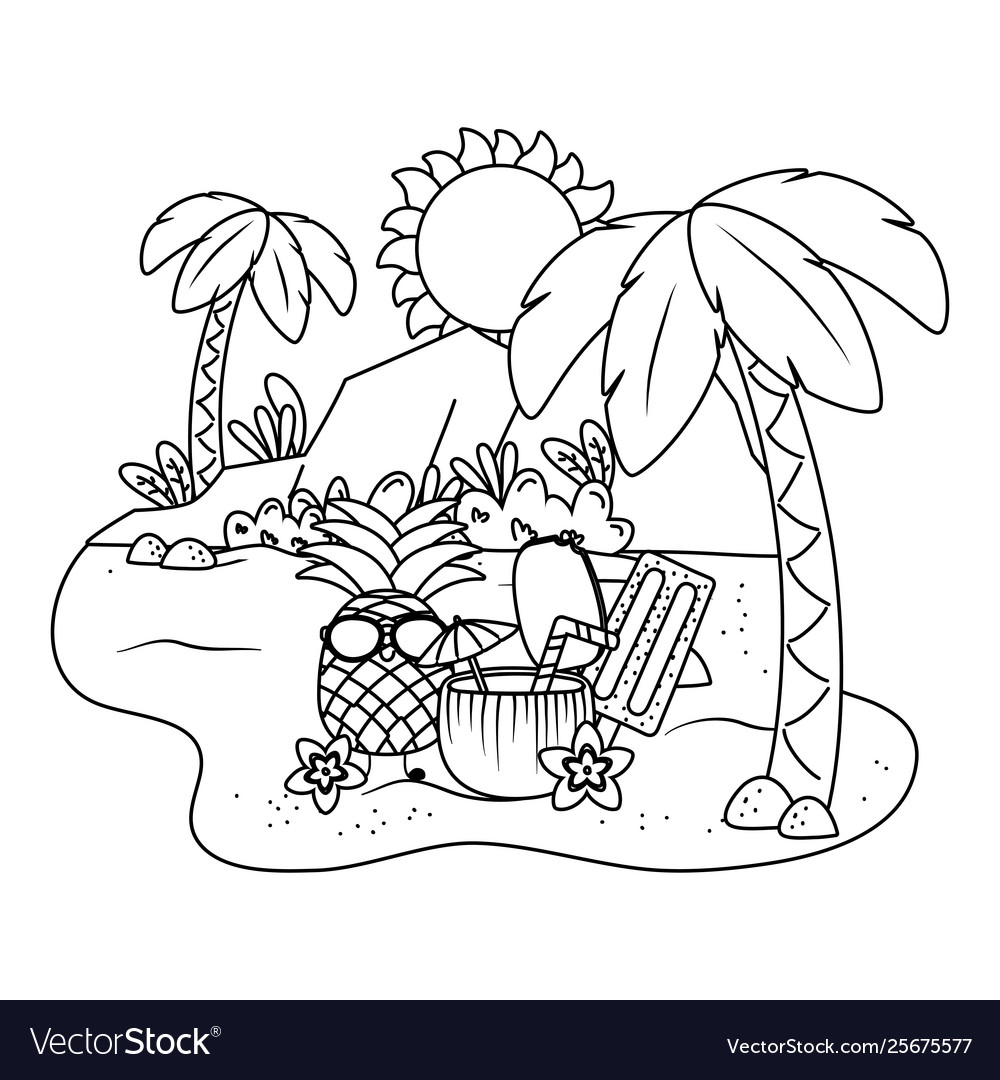 Summer and beach cute cartoons in black white Vector Image