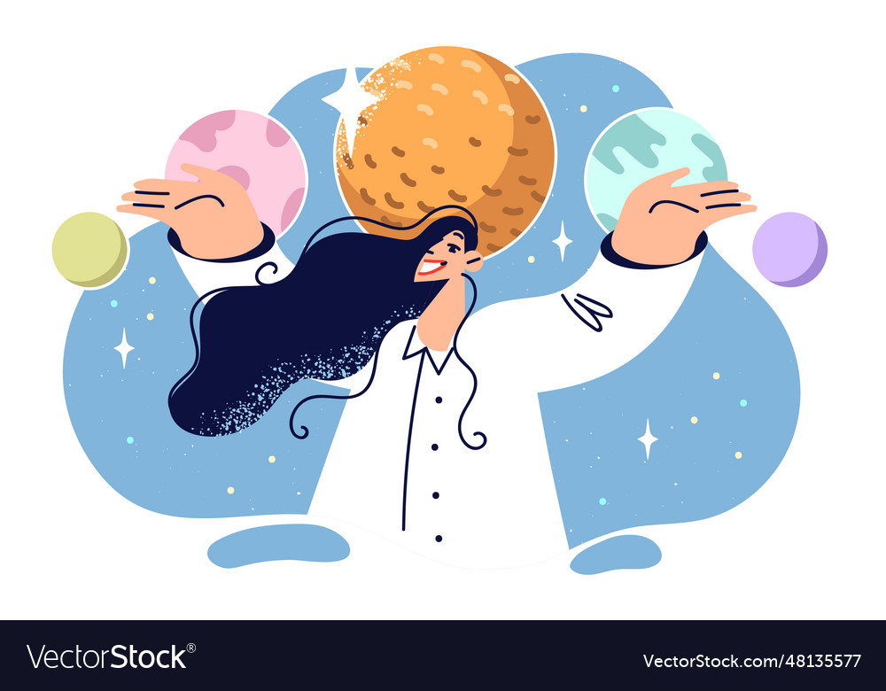 Woman amateur space and astronomy stands among vector image Woman amateur space and astronomy stands among