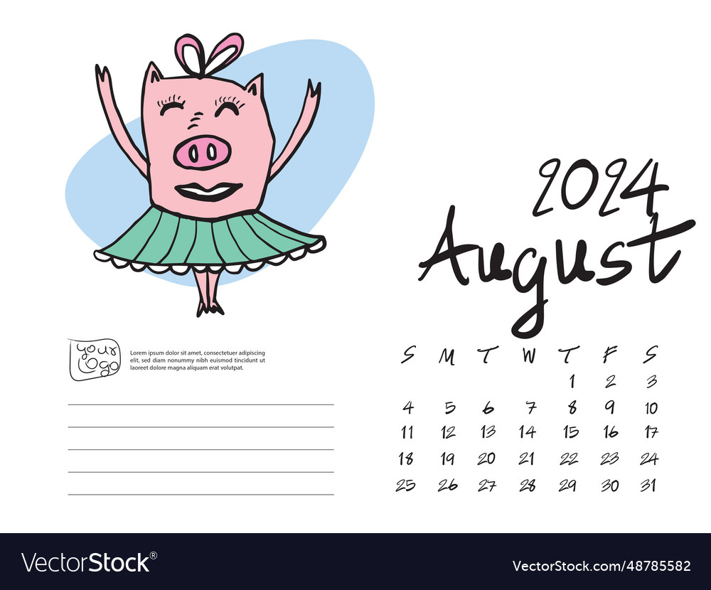 Calendar 2024 design template with cute pig Vector Image