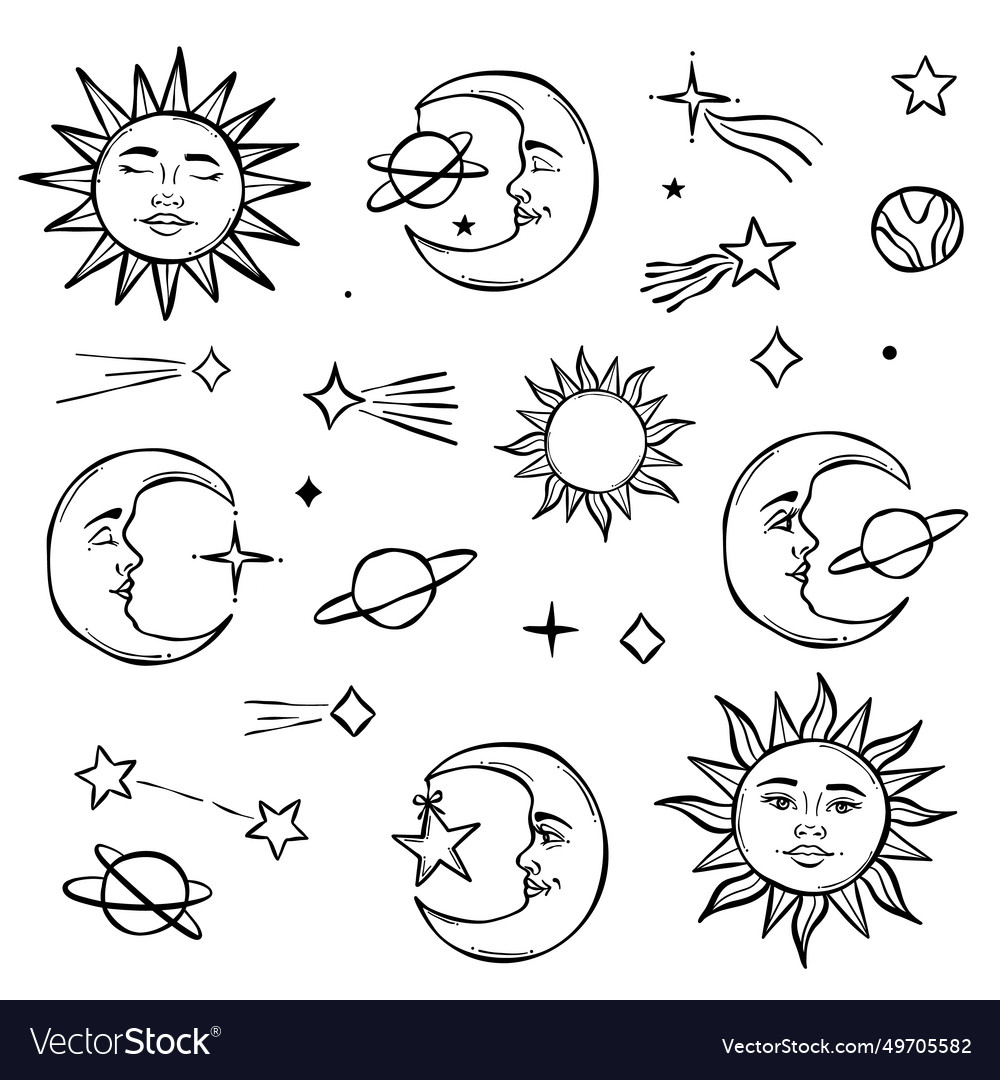 Celestial line art sun and moon clip Royalty Free Vector