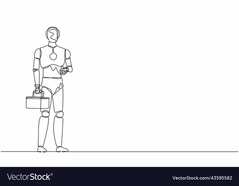 Single One Line Drawing Robot Plumber Standing Vector Image