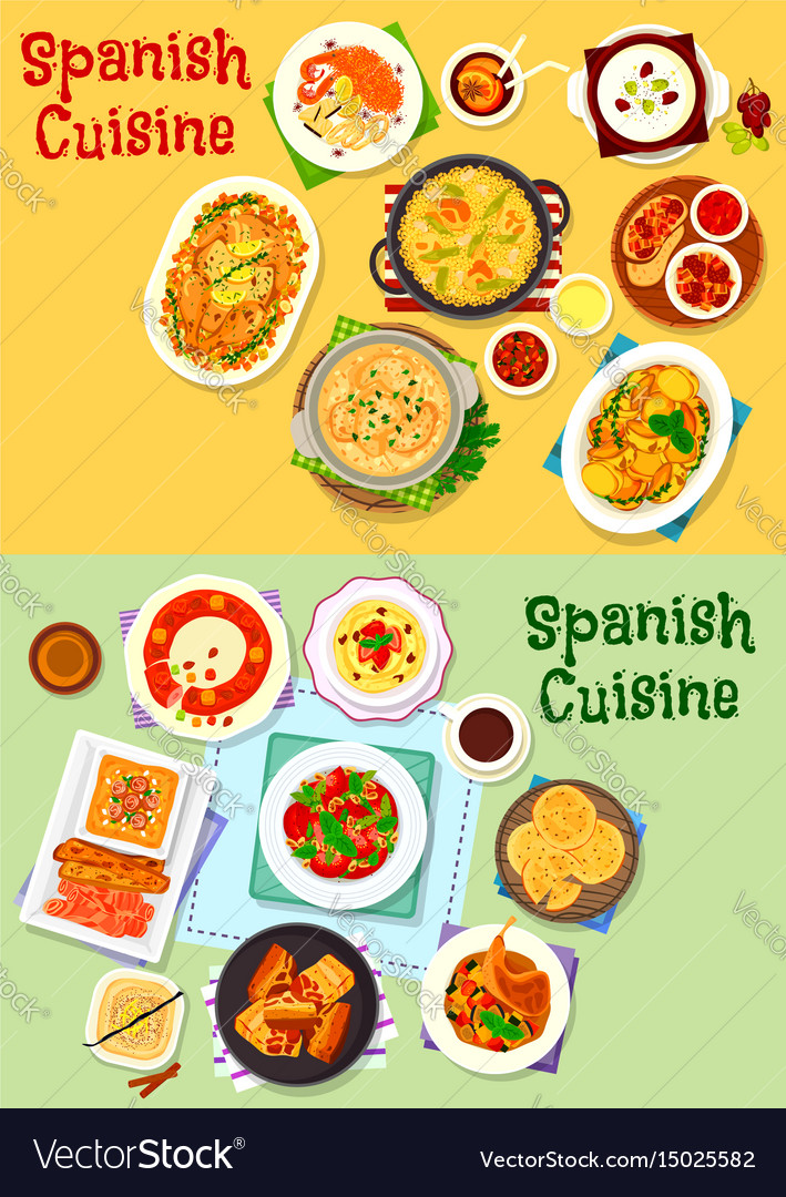 Spanish cuisine national dishes icon set design Vector Image