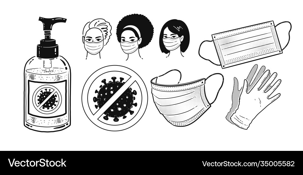 Virus protection items and characters in masks Vector Image