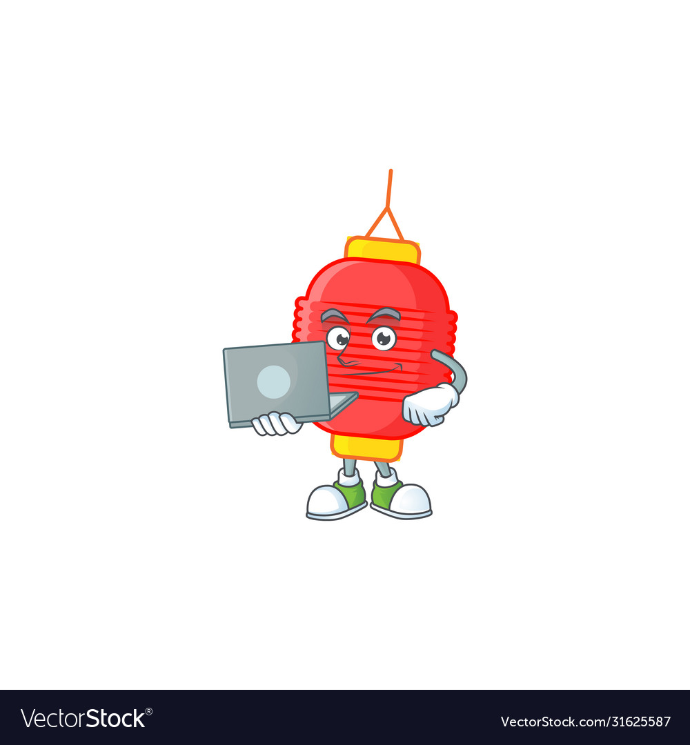 Clever chinese lantern mascot working with laptop