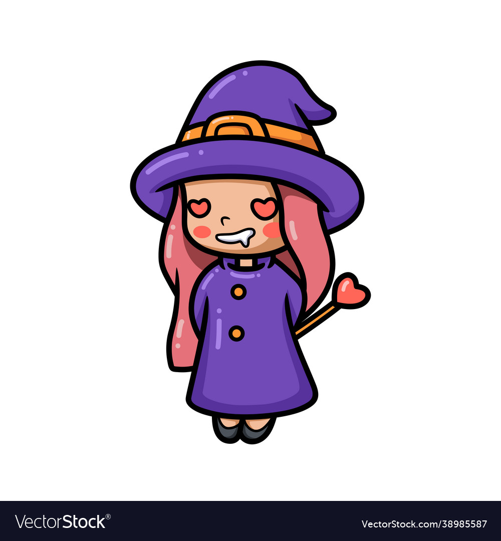 Cute little witch girl cartoon with red heart eyes