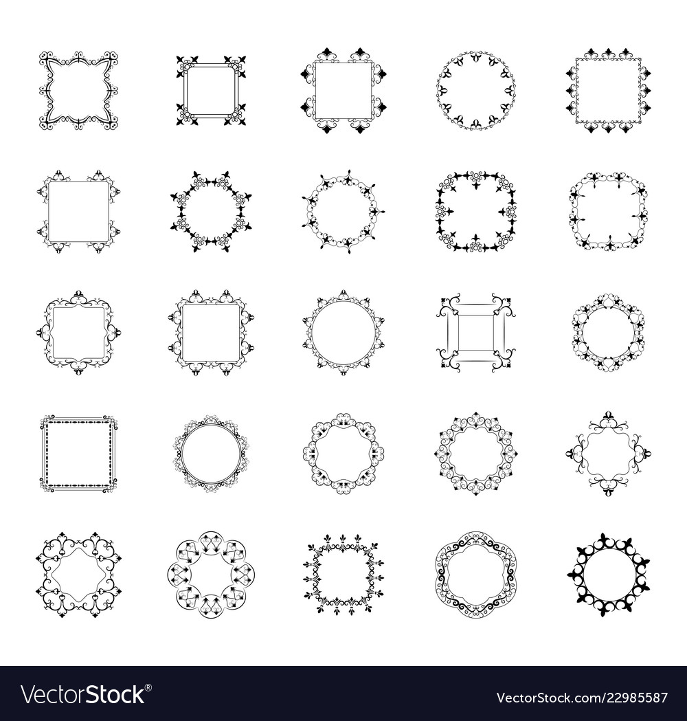 Frames and monograms line icons set