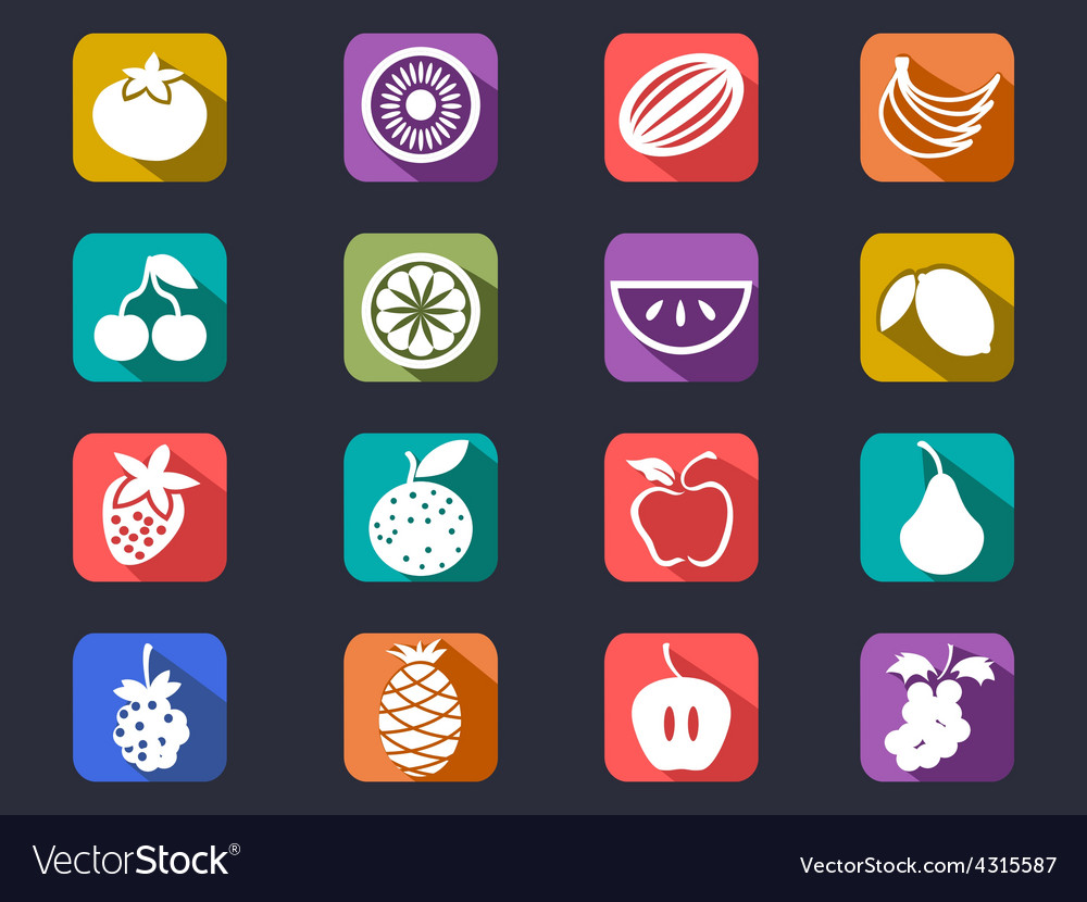 Fruit flat icons set with long shadow