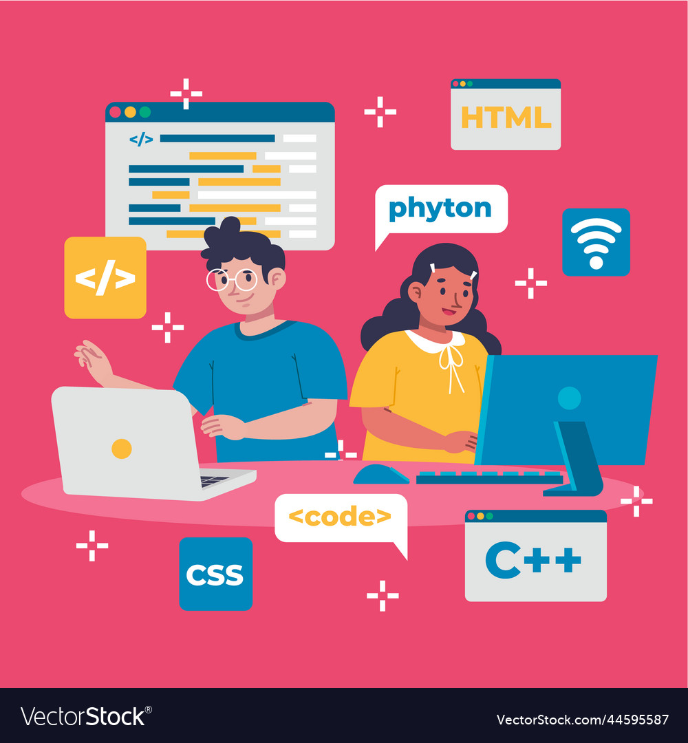 Hand drawn web developers working vector image Hand drawn web developers working