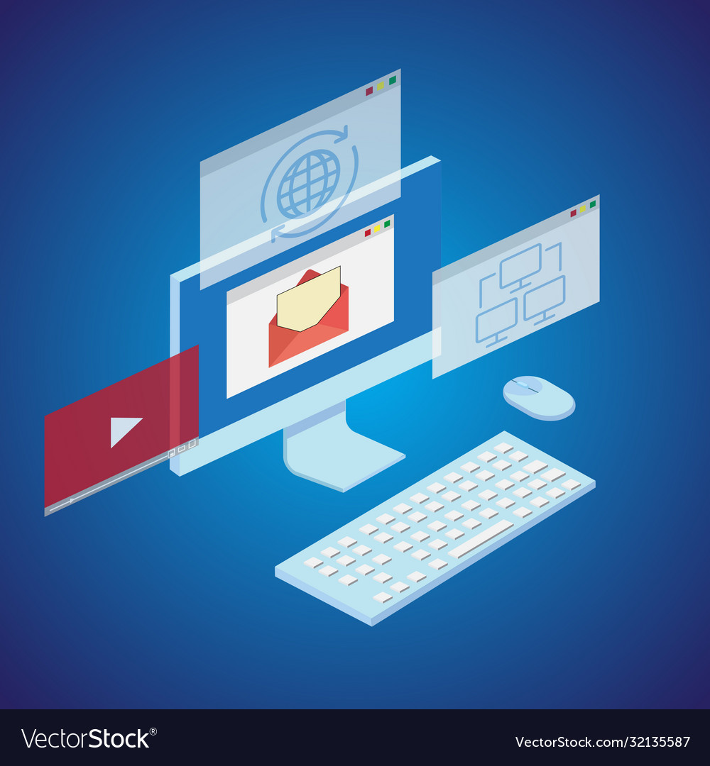 Internet concept with computer and windows vector image Internet concept with computer and windows