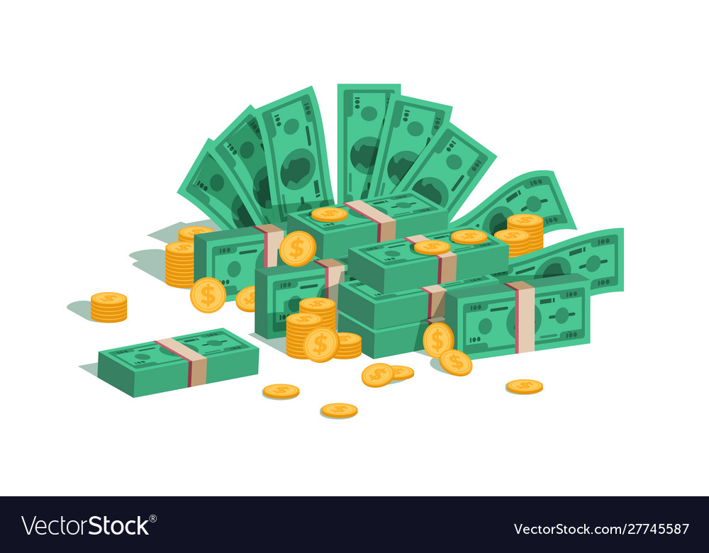 Money pile bundle with flying dollars and rolling Vector Image