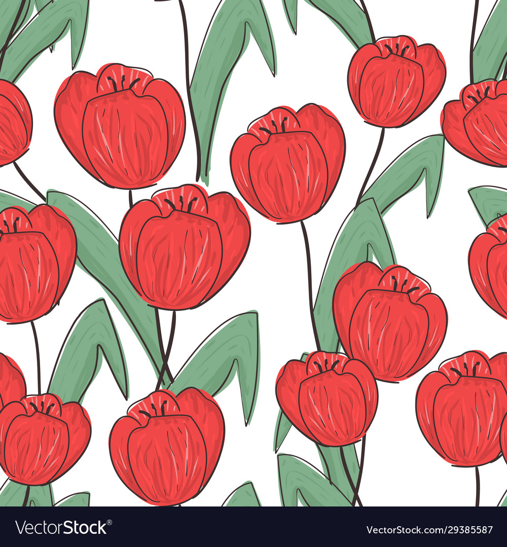 Red tulip seamless pattern on white background vector image Red tulip seamless pattern on white background