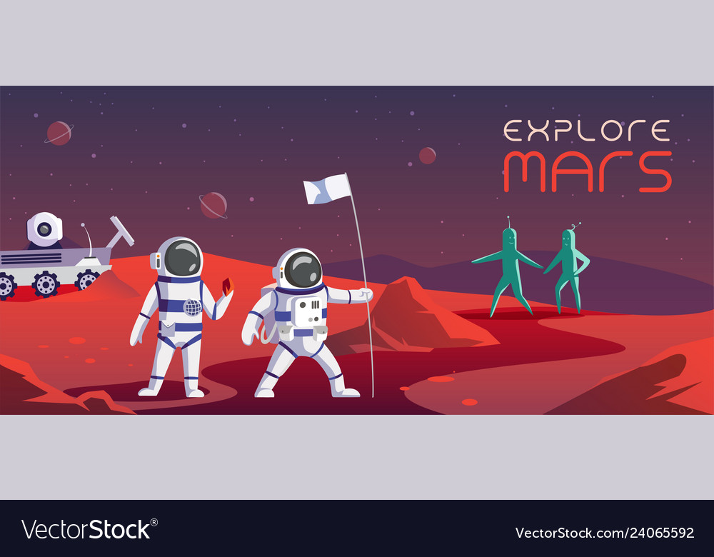 Astronauts Exploring Mars with Rover & Aliens