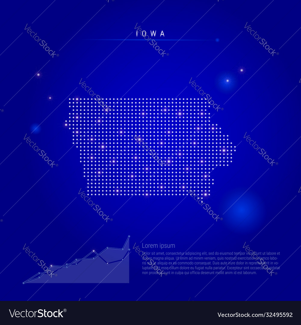 Iowa us state illuminated map with glowing dots vector image Iowa us state illuminated map with glowing dots