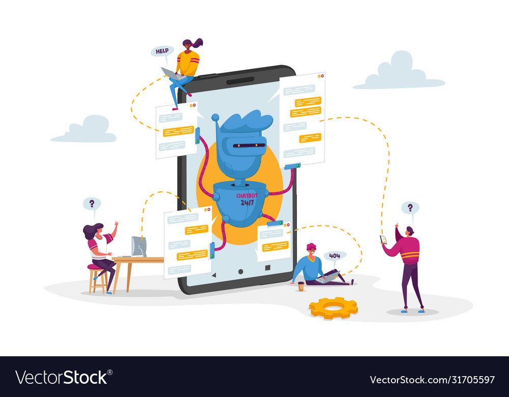 Tiny characters around huge mobile with robot vector image Tiny characters around huge mobile with robot