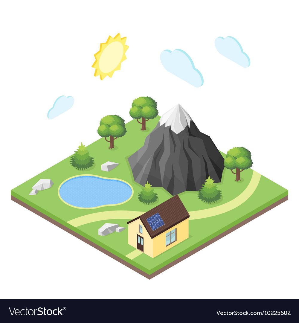 Isometric 3d of house in the mountains