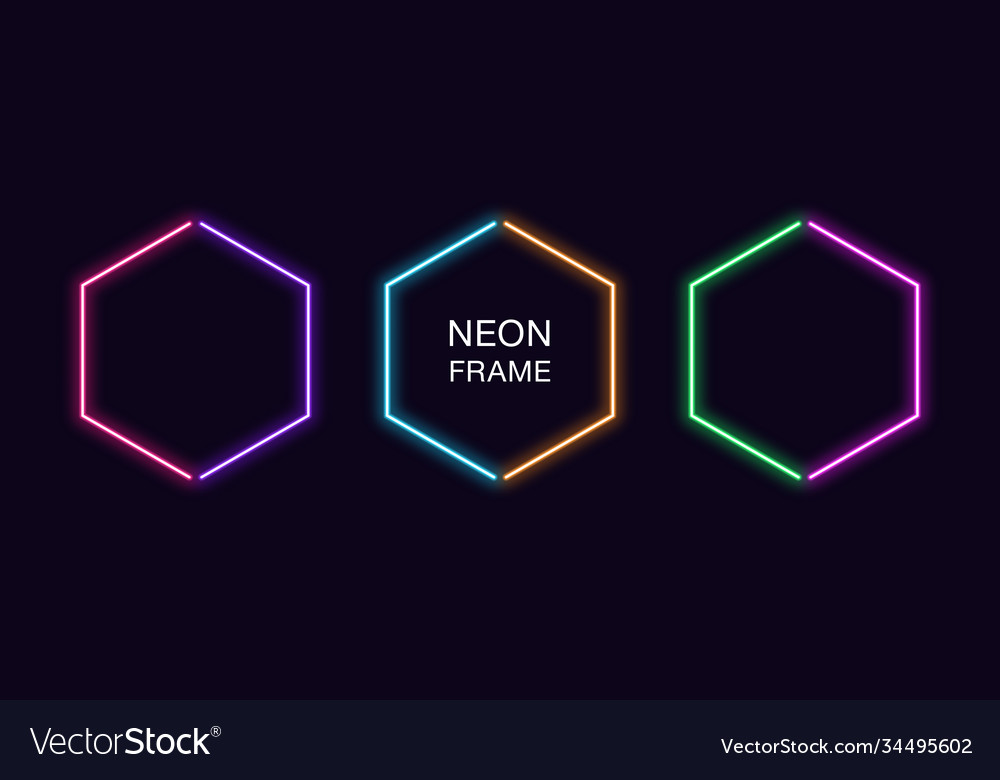 Neon hexagon frame set hexagonal border vector image Neon hexagon frame set hexagonal border