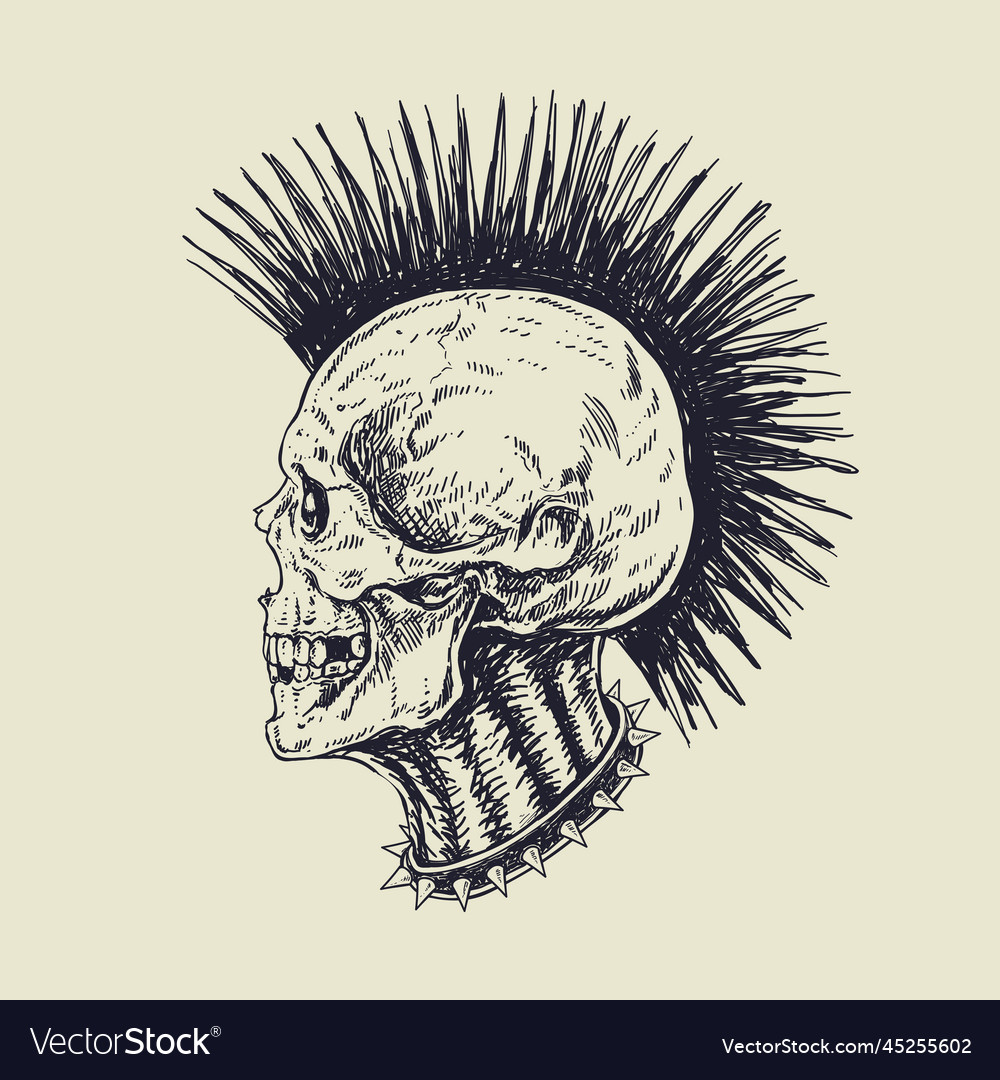 Punk skull with mohawk hair drawing Royalty Free Vector